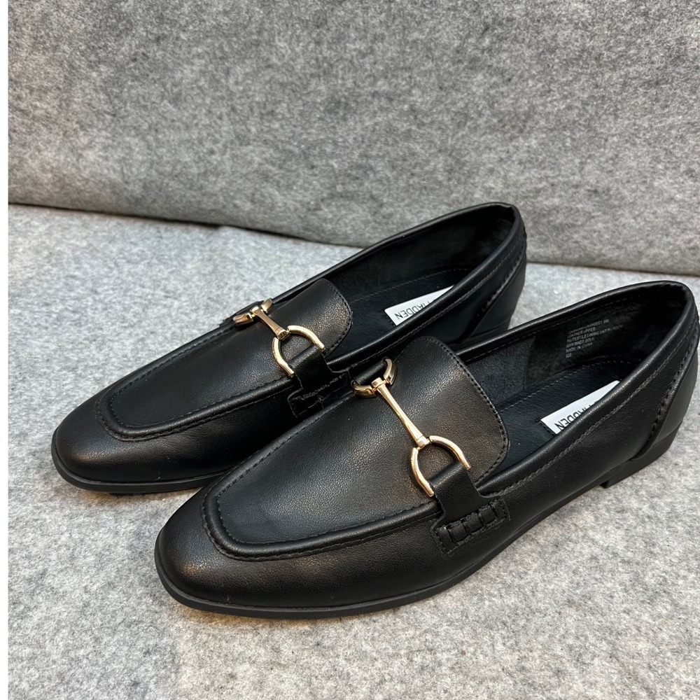 Steve Madden Womens Black Leather Horsebit Loafers Minimalist Slip On Shoes Sz 9
